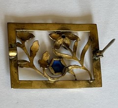 Vtg Estate Pin Brooch Gold Tone Blue Rhinestone Flowers 2.3” x 1.6” Handcrafted