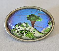 Art Deco Blue Butterfly Wing Brooch Hand Painted Tree Blue Morpho Silver Tone