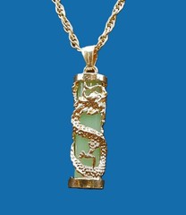 Oriental Faux Green Jade Dragon Pillar Necklace w/18” Gold Tone Curb Chain