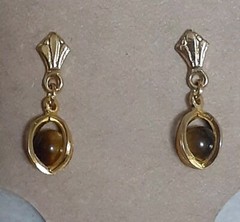 Dainty Tiger’s eye gemstone caged gold tone dangle drop earrings