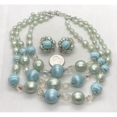Vintage Pastel Blue Plastic Bead 3 Strand 16” Necklace Earrings Set 60s Japan