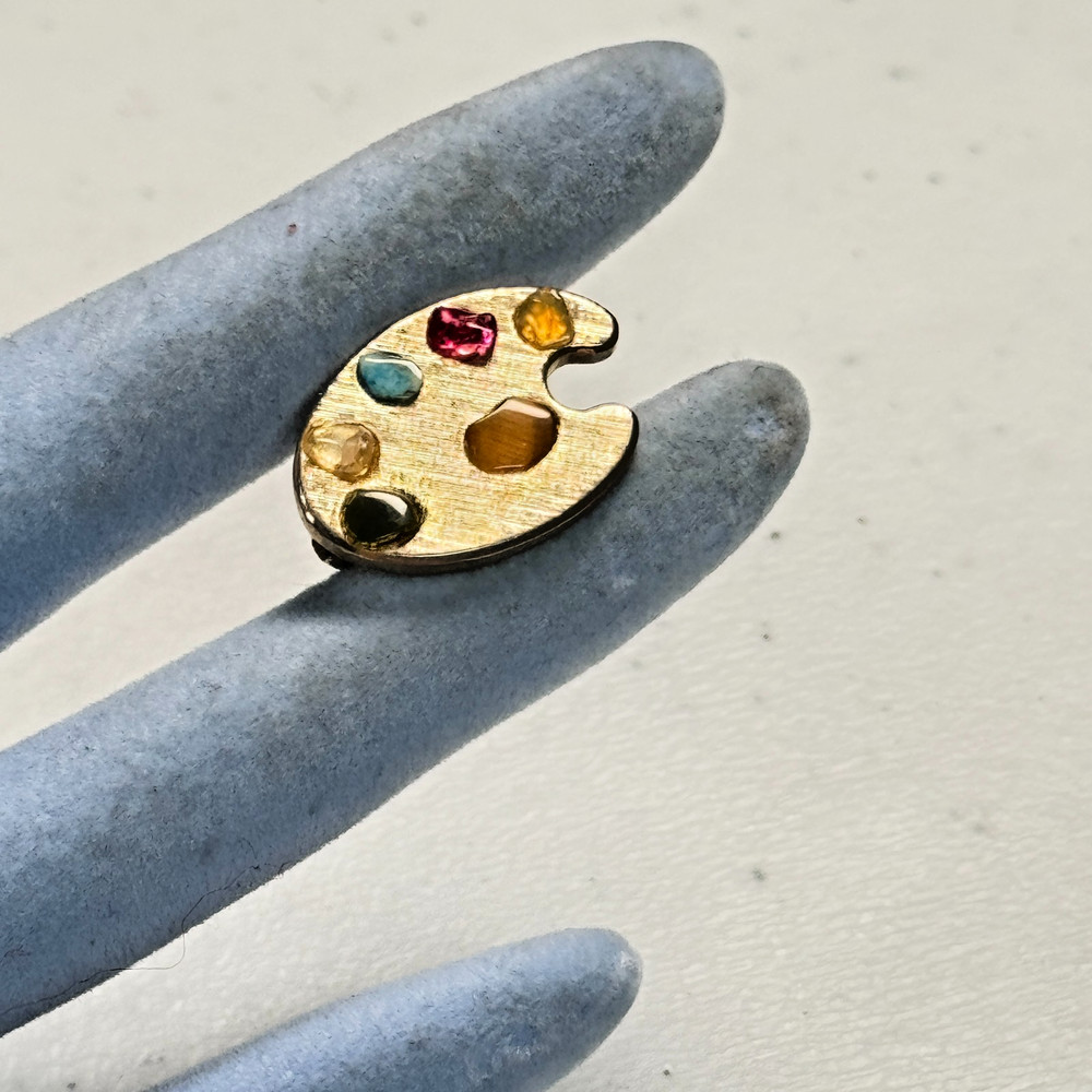 Vintage Brooch Mini Artist Palette Pin Multicolor Cabochons Gold Tone MCM