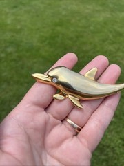 Gold-Tone Dolphin Pin w/ Faux Diamond Stone Eye Brooch Vtg 4.25″