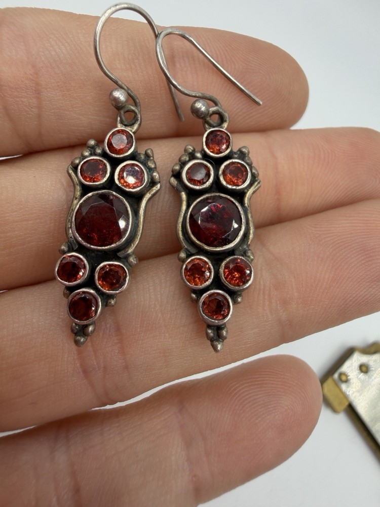 Vintage Earrings Sterling Silver Red Stone Drop Romantic 925 Dangle