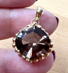 VINTAGE 14K YELLOW GOLD LARGE CUSHION CUT SMOKY QUARTZ PENDANT CHARM NECKLACE