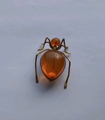 Vintage Russian USSR Baltic Amber Ant Bug Brooch Pin Gold Tone Spider Signed