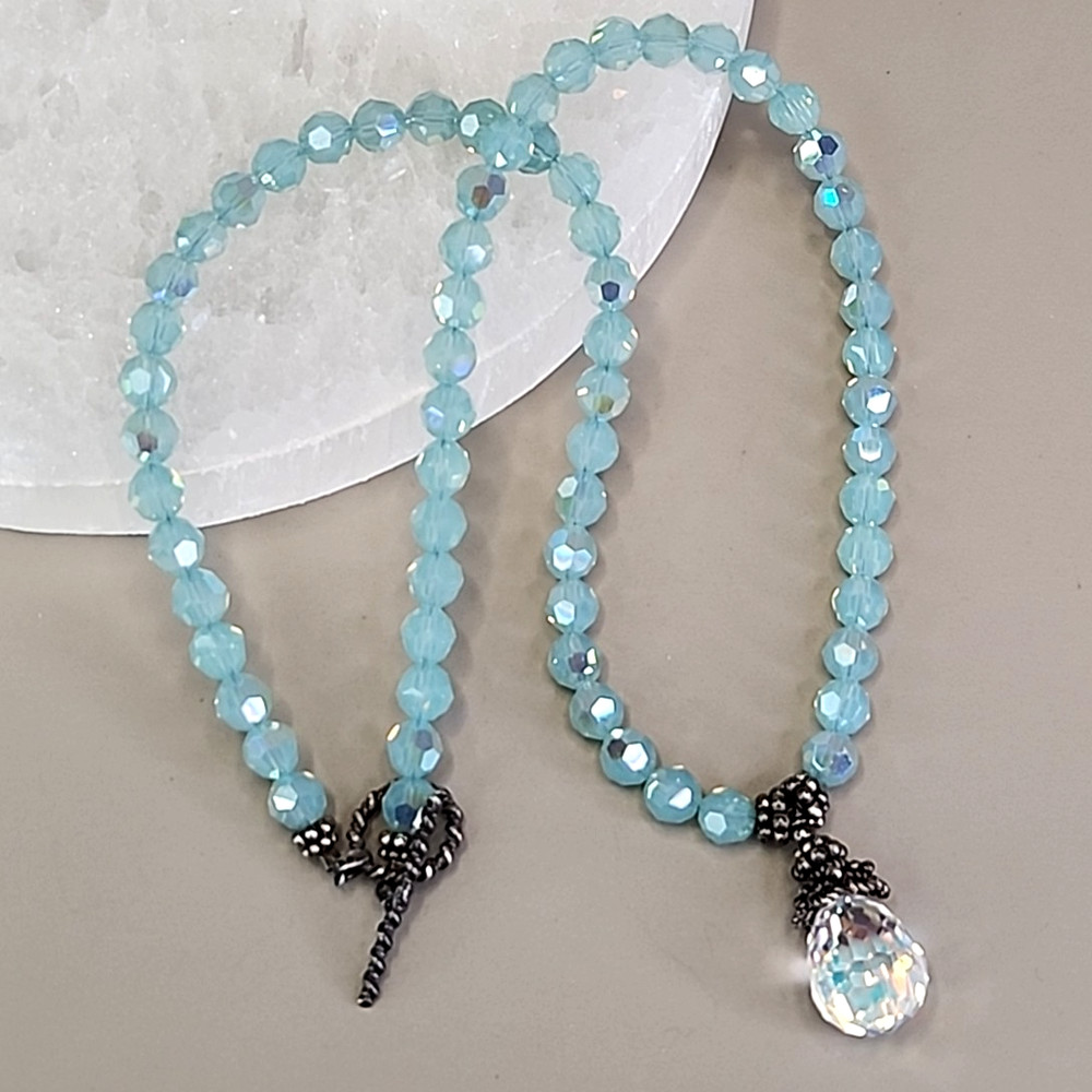 Glass Beaded Necklace Blue Opalite Crystal Teardrop Dangle Sterling Silver 16″