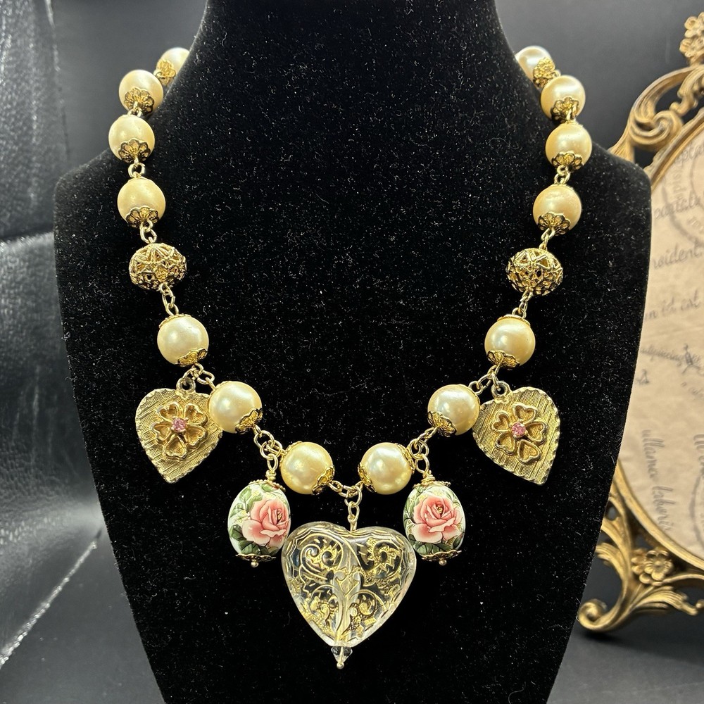 Romantic Vintage Assemblage Necklace, Valentine Hearts Roses & Rhinestones OoaK
