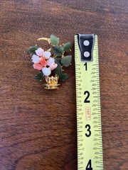 Vtg Signed SWOBODA Flower Basket Pin Brooch w/ Carved Natural Coral and Jade