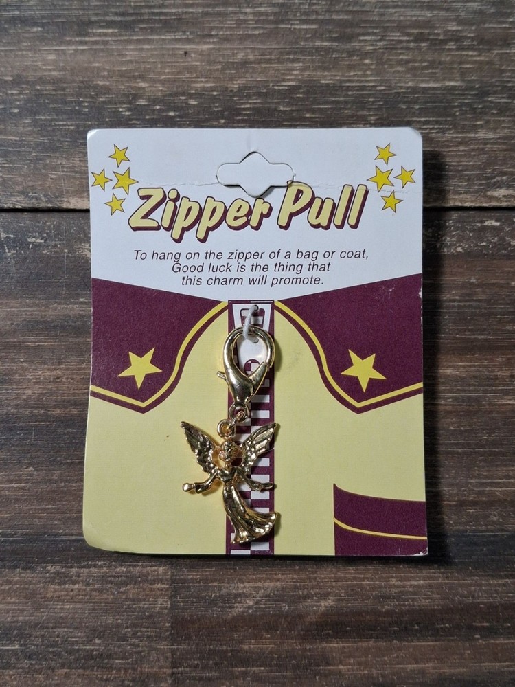 Vintage Good Luck Zipper Pull Gold Tone Bag Charm Guardian Angel