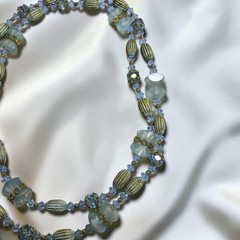 Vintage 1950s 1960s Aqua Glass Crystal Long Beaded Necklace AB Mid Century 33″