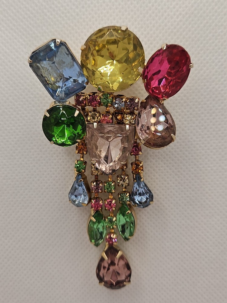 Vintage Chandelier Large Brooch & Earrings Multicolor Rhinestones Set