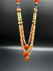 Vintage Carnelian Multi Strand Necklace, Triple Heart Pendant, Faceted Orange