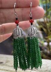 Earrings tassel pendant natural red coral green agate beads 925 Sterling silver
