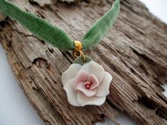Porcelain Rose Green Velvet Choker Necklace Handmade w/vintage pendant
