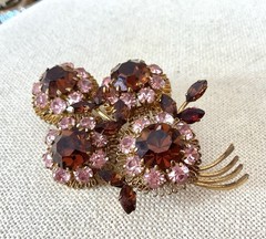 Austria Vintage Amber Pink Rhinestone Facet Brooch Wired 3D Layered Prong 3”