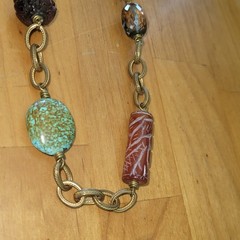 Vintage Artisan Jade Turquoise Carnelian Rutilated Quartz Necklace 14K GF