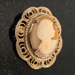 Vintage Cameo Brooch Carved Shell Portrait 1920s Orange White ornate filagree