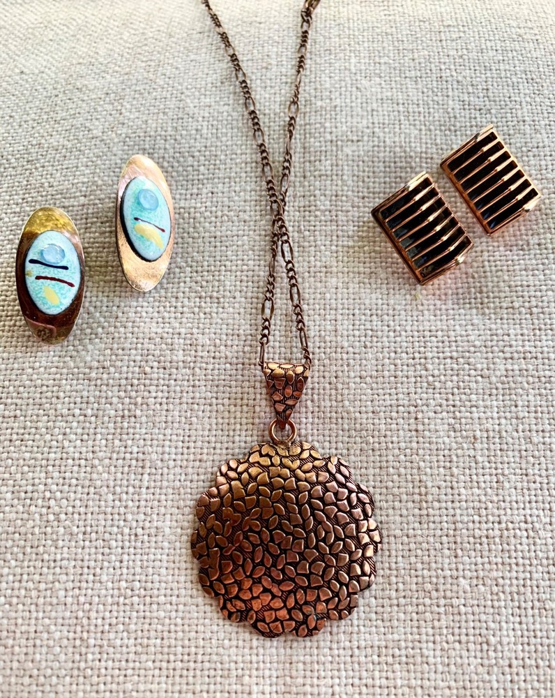 Vintage 1958 Mid-Century Copper Necklace & 2 Copper & Enamel Earring Set* Estate