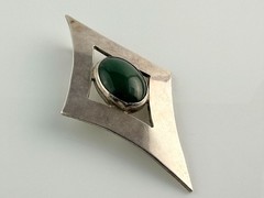 Vintage Signed Artisan Sterling Silver Green Nephrite Cabochon Pendant 13g 2.5In