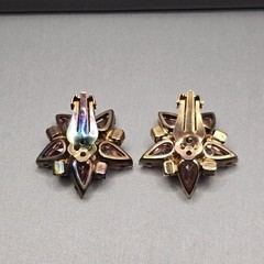 Vintage Pink Rhinestone Starburst Clip On Earrings Peach Mid Century Modern