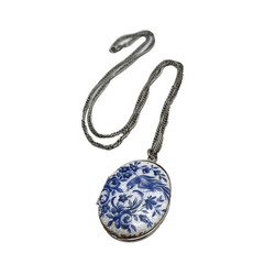 Vintage Guilloche Locket Blue White Enamel Bird of Paradise Floral 24″