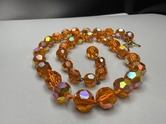 HATTIE CARNEGIE Signed Orange AB UV GLOW Glass Bead Necklace VTG 17.75” 41g HTF
