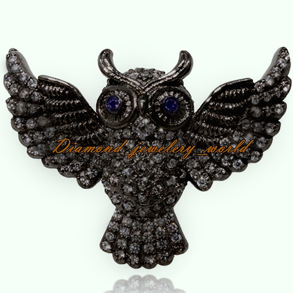 Stunning 2.05ctw Rose Cut Diamond Sapphire Silver Victorian Owl Pendant Jewelry