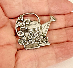 SIGNED Birds & Blooms Garden Watering Can Brooch LE 2000 Silver Tone 1.5”