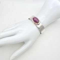 Vintage 14K Solid Yellow Gold & Sterling Silver MCM Cuff Bracelet Pink Cabochon