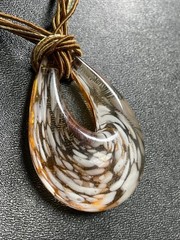 Vintage Large Gold & White Glass Pendent 16” Cord Necklace