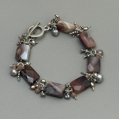 Artisan 925 Sterling Silver Banded Agate Pearl Bracelet Toggle Clasp 7″ Vintage