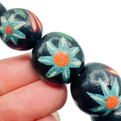 Vintage Chunky Hand Painted Wood Bead Necklace Black Multi-Color Floral BOHO