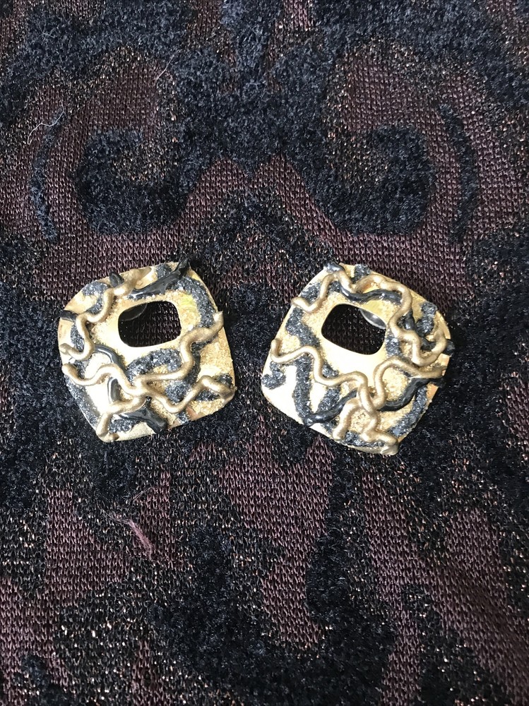 La Rage Vintage Pierced Earrings Modernist Mixed Materials Textured Metal Square