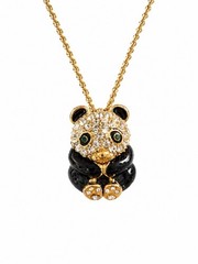 Vintage Panda Rhinestone Hinged Pendant Necklace Hidden Lucky Charm Gold Tone