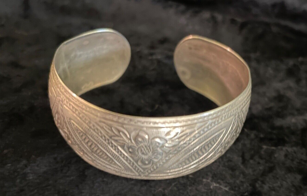 art nouveau silver 835 cuff bracelet, flower decor, 2.25 ” diameter, approx. .8″