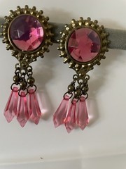 Vintage Brass Tone And Pink Resin Drop Clip On Earrings, 2 Inches Long