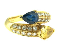Yellow & Blue Pear Sapphires 1.80ct + Diamonds 0.60ct Cross-Over~18Kt Gold Ring