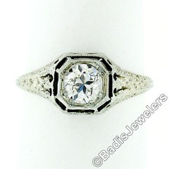 Antique Deco Belais 18k Gold European Diamond Engraved Filigree Engagement Ring