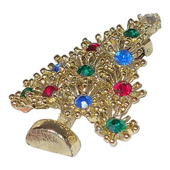 Christmas Tree Brooch Lapel Pin Gold Toned Green Red and Blue Rhinestones