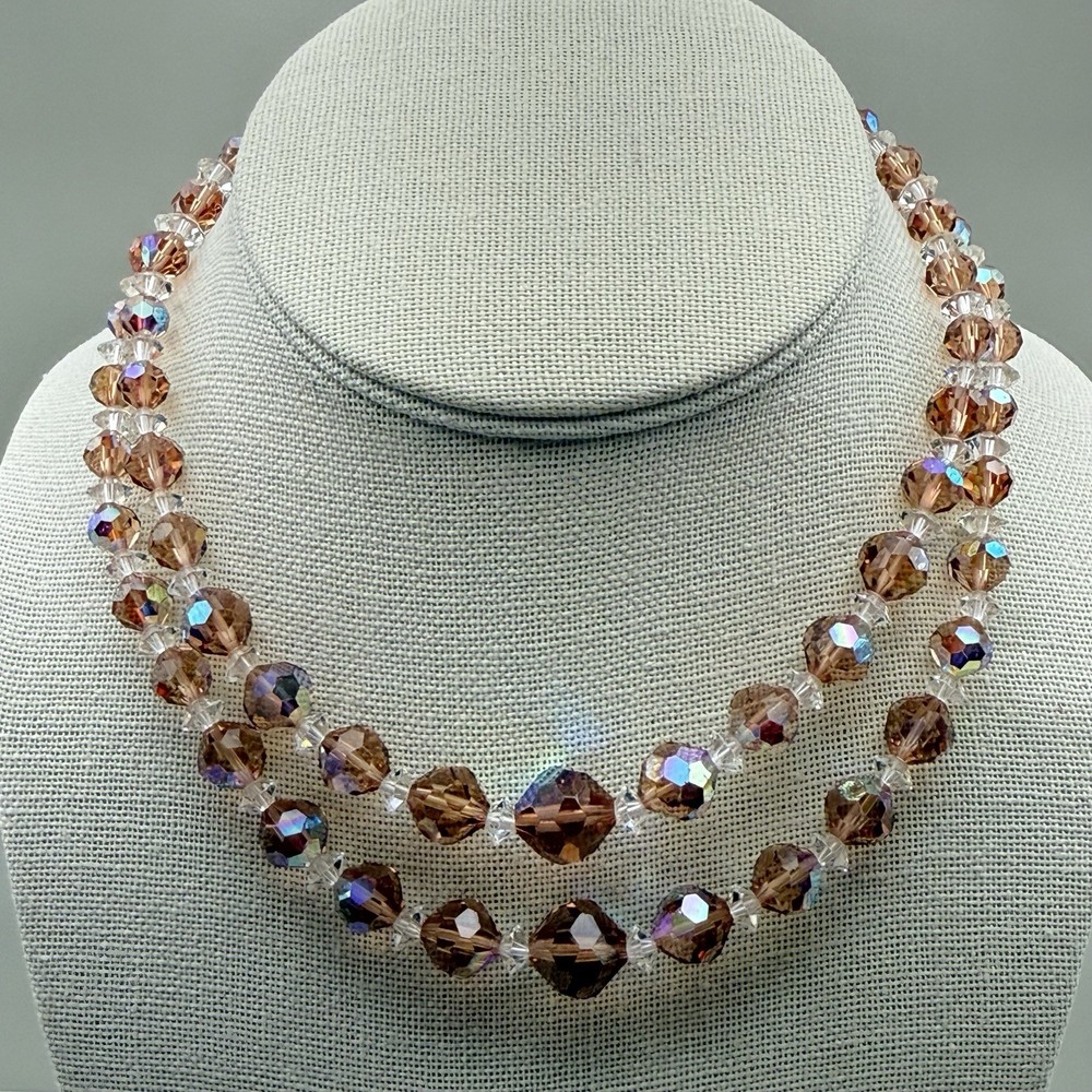 Vintage AB Double Strand Chocker Mauve Glass Mid Century 12-14″ Bohemian Romanti