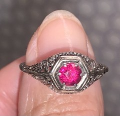 Antique 10k W Gold Vivid Pink Filigree Carved Etch Ring Nouveau Edwardian 2.25g