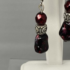 Beaded Dangle Drop Earrings Garnet Color Silver Tone Leverback Acrylic Pierced