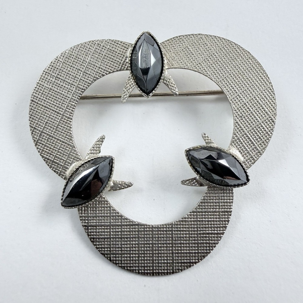 Vintage Black Hematite Brushed Silver Tone Brooch Pin