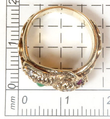 Vintage 14K Rose Gold Double Serpent Ring Diamond Natural Jade & Ruby Eyes Deco