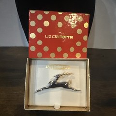 New Vintage Liz Claiborne Leaping Reindeer Brooch Pin Two Tone New In Box