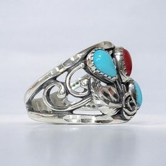 Wheeler MFG Sterling Silver Sleeping Turquoise Coral Diamond Cut Rose Leaf Ring