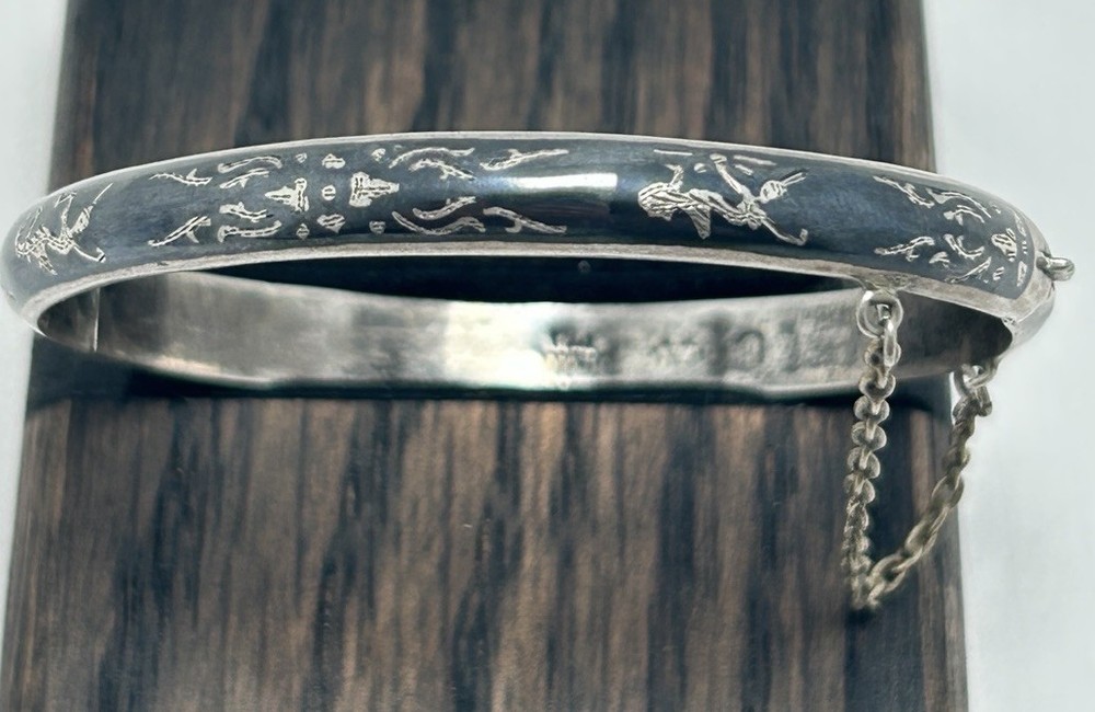 Vintage Siam Sterling Silver Black Niello Hinged Bangle Bracelet 925 10.91g