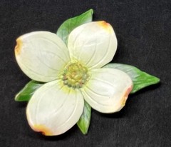 Artisan Made Signed 2″ Leather Dogwood Brooch Painted Finish Recently Restored