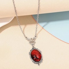 Vintage Red Stone Pendant Necklace Silver Ox Oval Boho Jewelry for Women